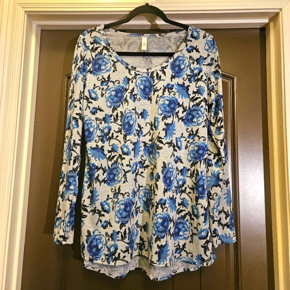NWOT LuLaRoe Simply Comfortable Long-Sleeved Tunic Top, Blue/Gray Floral- Large